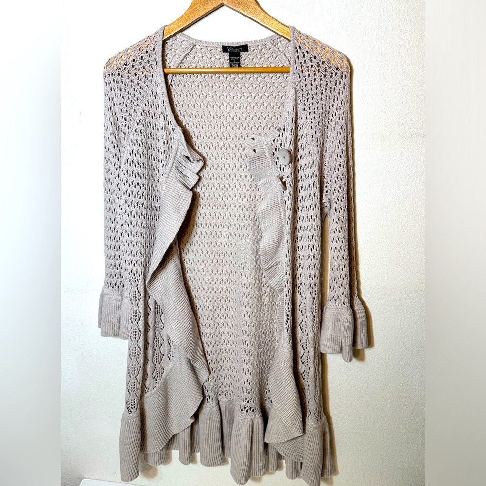 Cupio Large Beige Ruffled Tunic Length Cardigan Sweater Hook & Eye Cottage Core